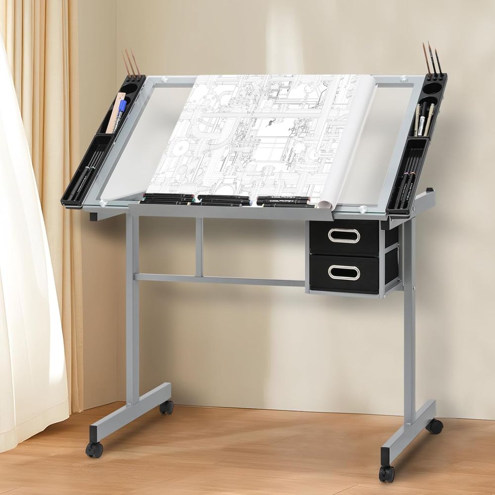 Free Home Office - Adjustable Glass Top Dining Table with