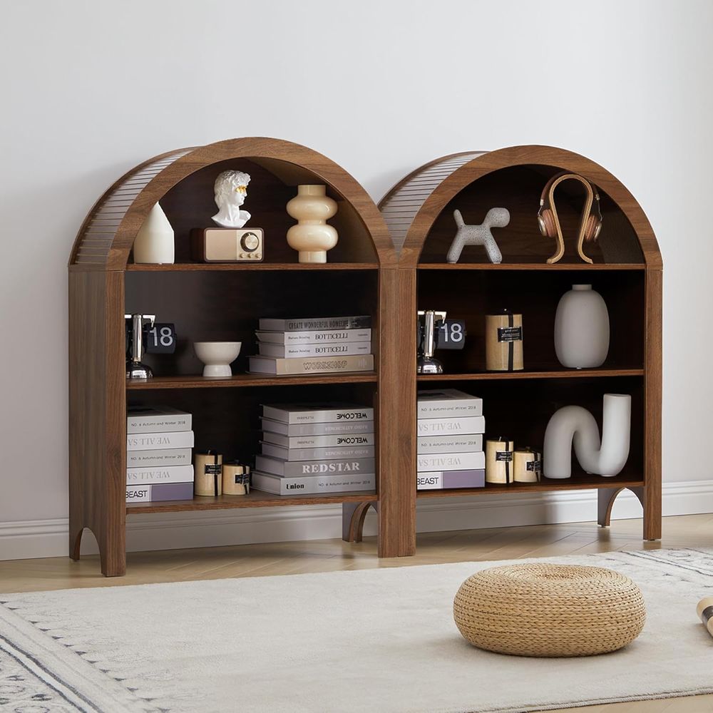 Free Home Office - Walnut 3-Shelf Arched Bookcase with Adjustable